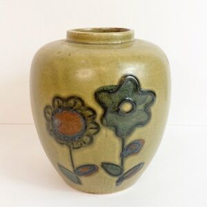 Vintage 70s Vibe Hand Painted Flowers Tan Pottery Vase
